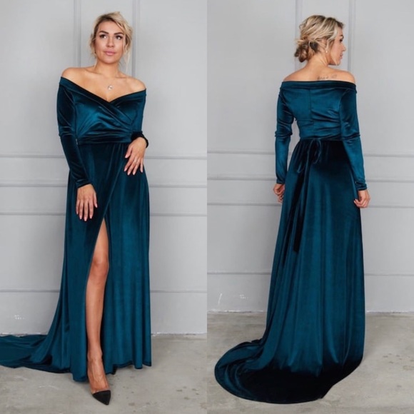 ❗️NEW❗️Marble Emerald Off Shoulder Velvet Wrap Maxi Dress - Picture 11 of 11